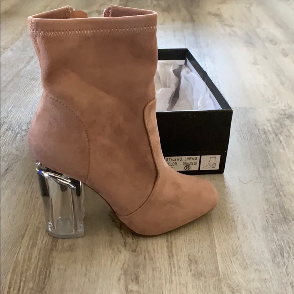 Dusty rose/mauve booties with clear acrylic heel